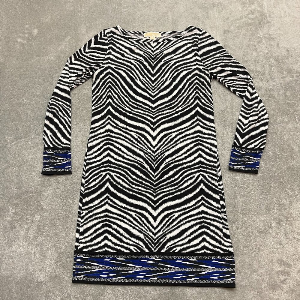 Michael Kors Zebra Print Shift Dress Black White Long Sleeve Women Size Medium
